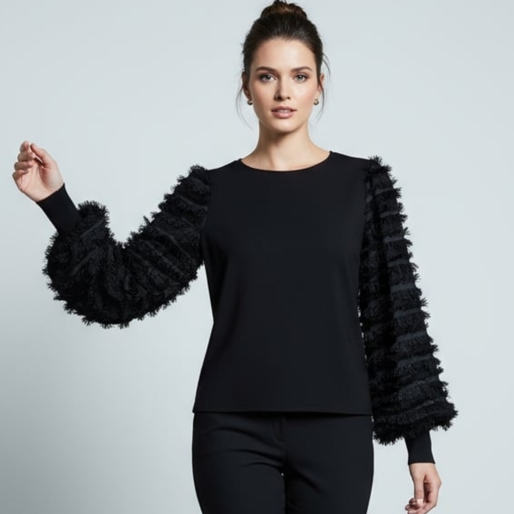 Sioni Milano Black Top With Textured Sleeve Detail Knit Compression Stretch Wome